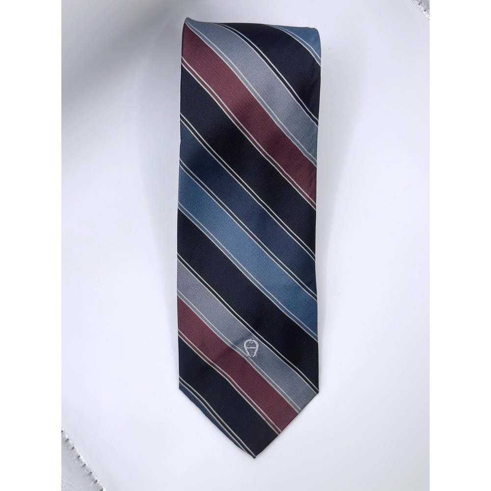 Vintage Aigner Men's Necktie‎ Striped Blue Gray Burgundy Logo Business Casual
